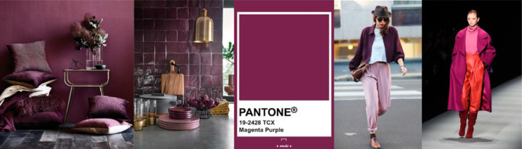Magenta Purple PANTONE 19-2428 Imagen compuesta con muestra de color + ejemplos de moda y decoración colores-otono-invierno-2020