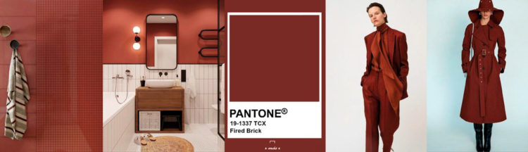 Fired Brick PANTONE 19-1337 Imagen compuesta con muestra de color + ejemplos de moda y decoración colores-otono-invierno-2020
